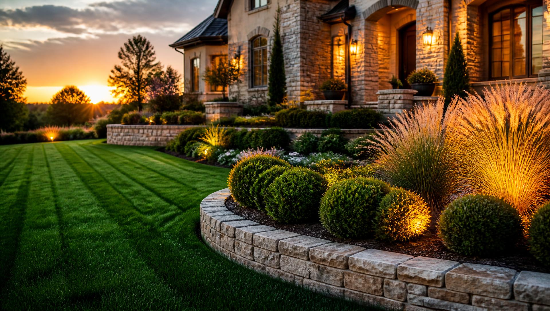 Manicured landscape with stone border and uplighting at golden hour in Oklahoma City